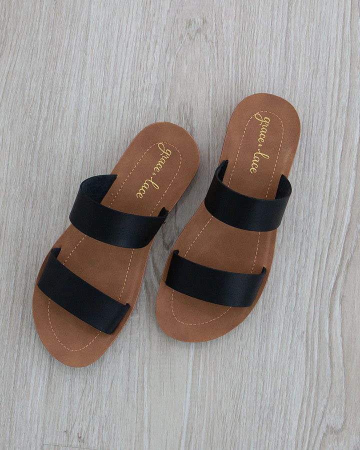 Grace and Lace Double Strap Slides - Black