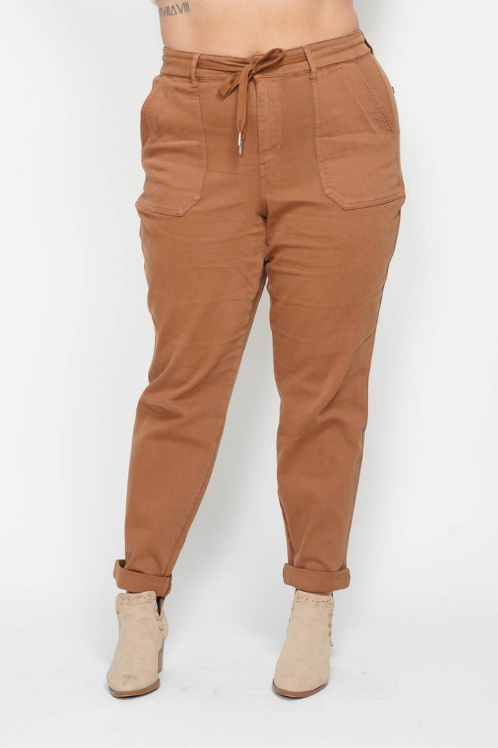 Judy Blue High Waist Garment Dyed Cuffed Jogger - Caramel - Plus Sizes