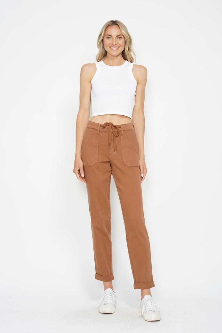Judy Blue High Waist Garment Dyed Cuffed Jogger - Caramel