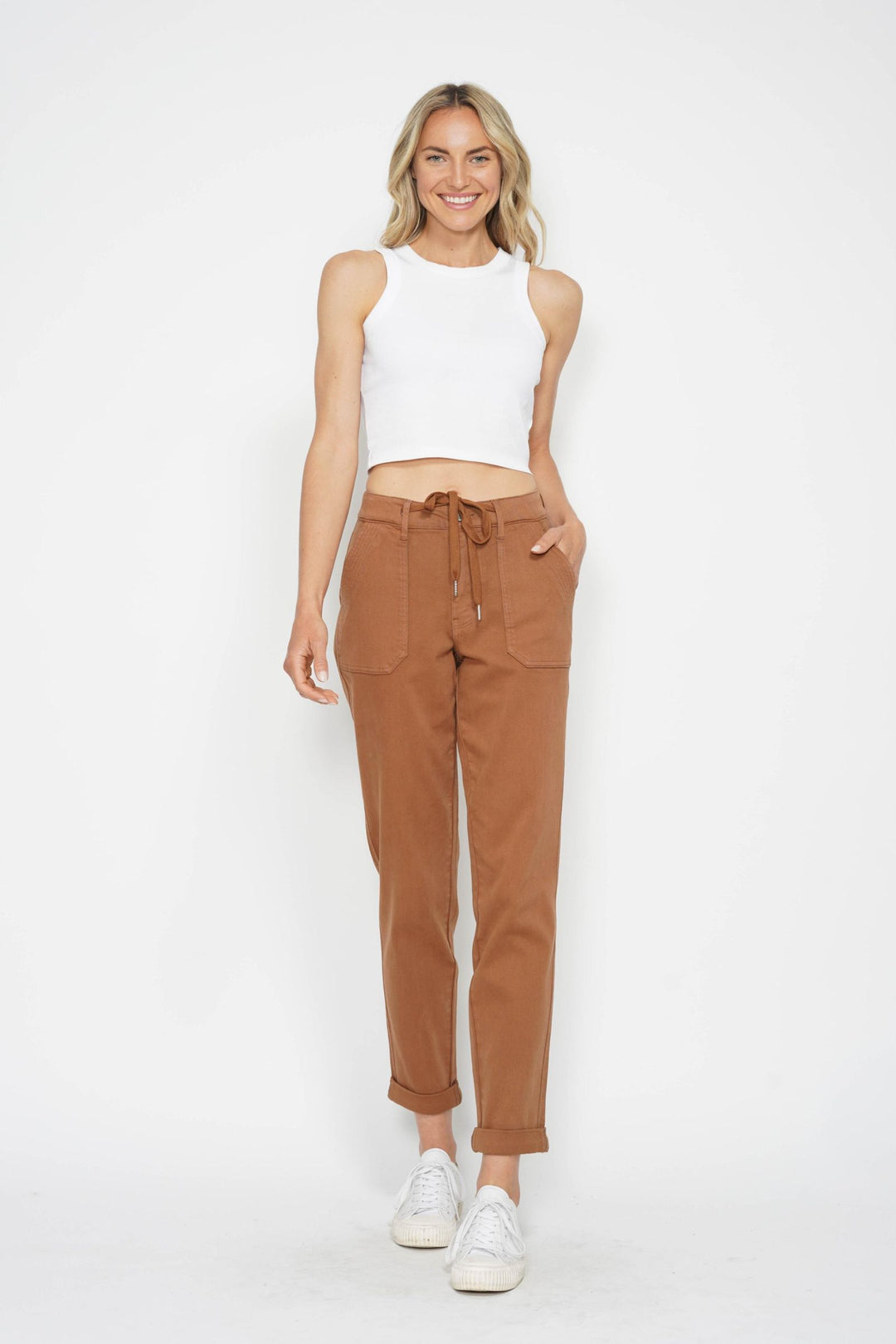 Judy Blue High Waist Garment Dyed Cuffed Jogger - Caramel