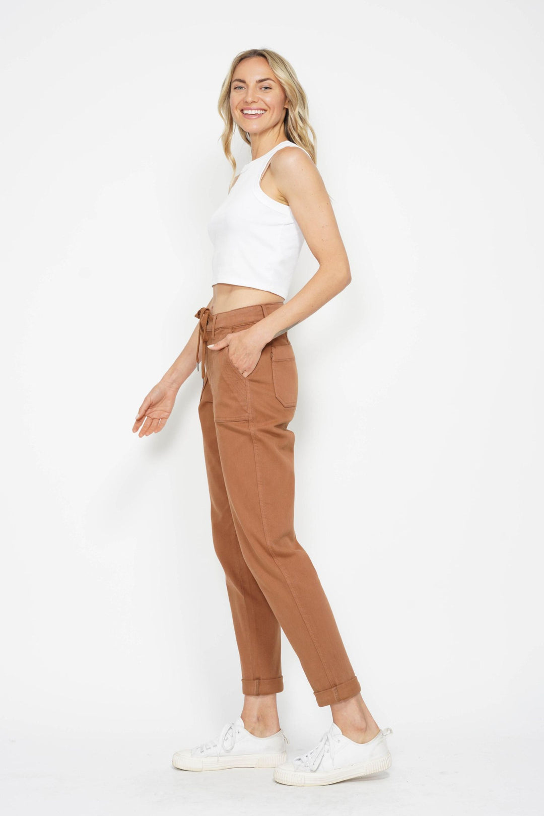 Judy Blue High Waist Garment Dyed Cuffed Jogger - Caramel