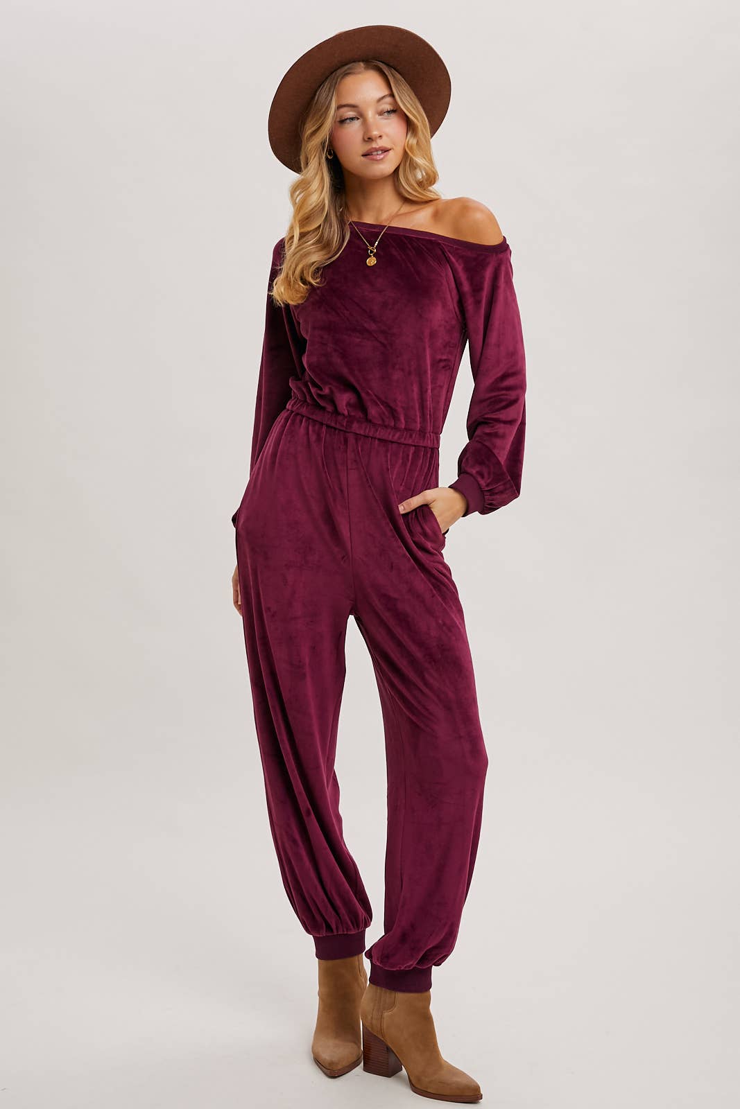 VELVET ONE SHOULDER BOAT NECK JUMPSUIT