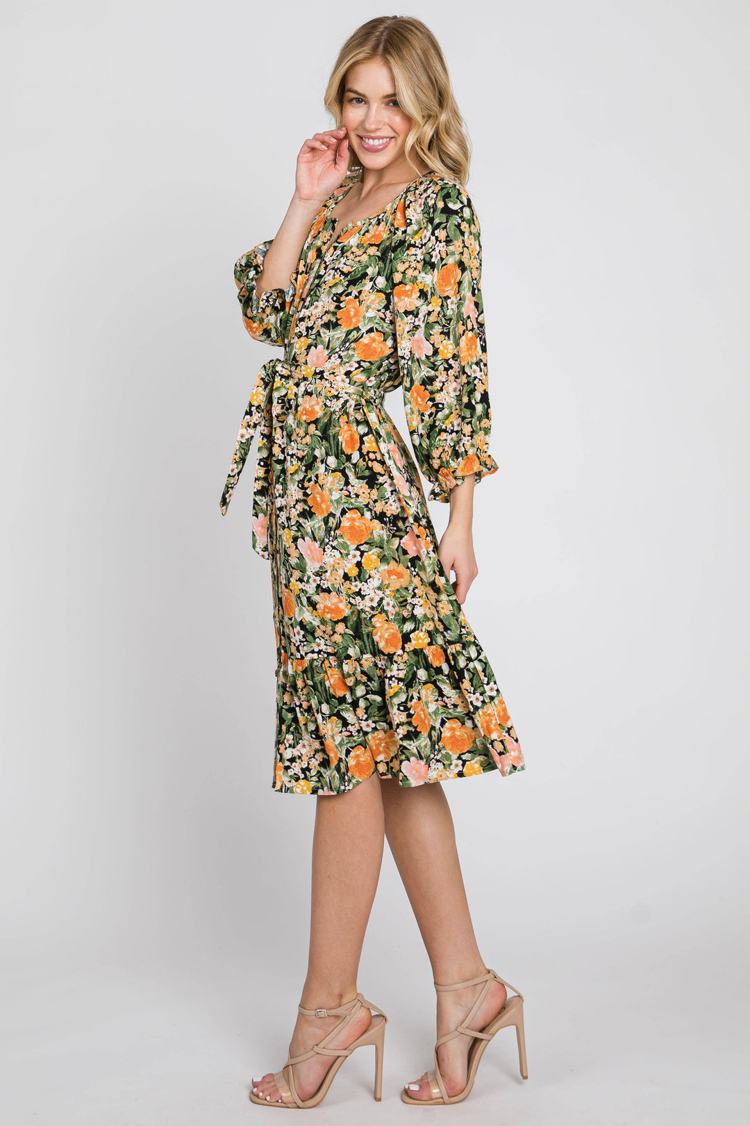 Marigold Print 3/4 Sleeve Flowy Dress Sublime Boutique Marigold Print 3/4 Sleeve Flowy Dress Sublime Boutique