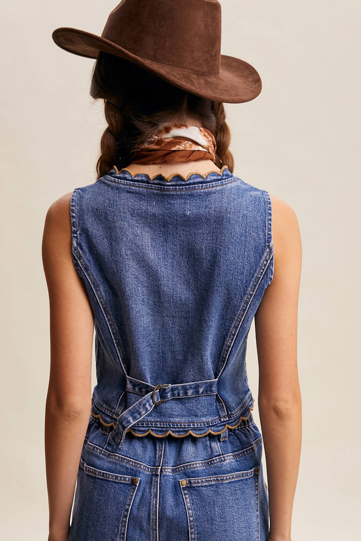 Scallop Trim Stretch Denim Vest