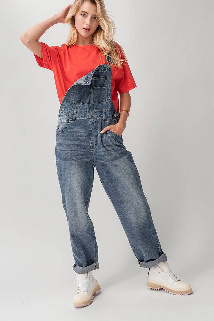 Relaxed Fit Denim Overalls Mid Wash