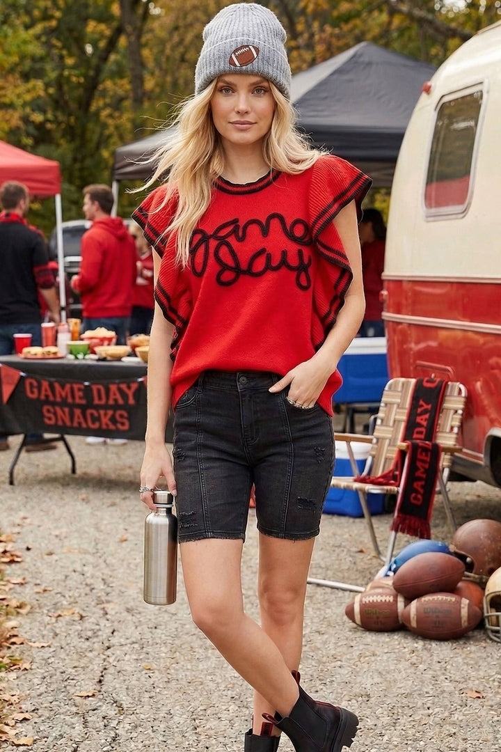 Ruffle Sleeve Varsity Gameday Knit Top -  Red/Black