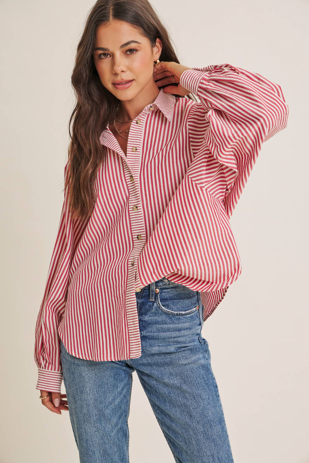 Between the Lines Button-Up - Brick Red
