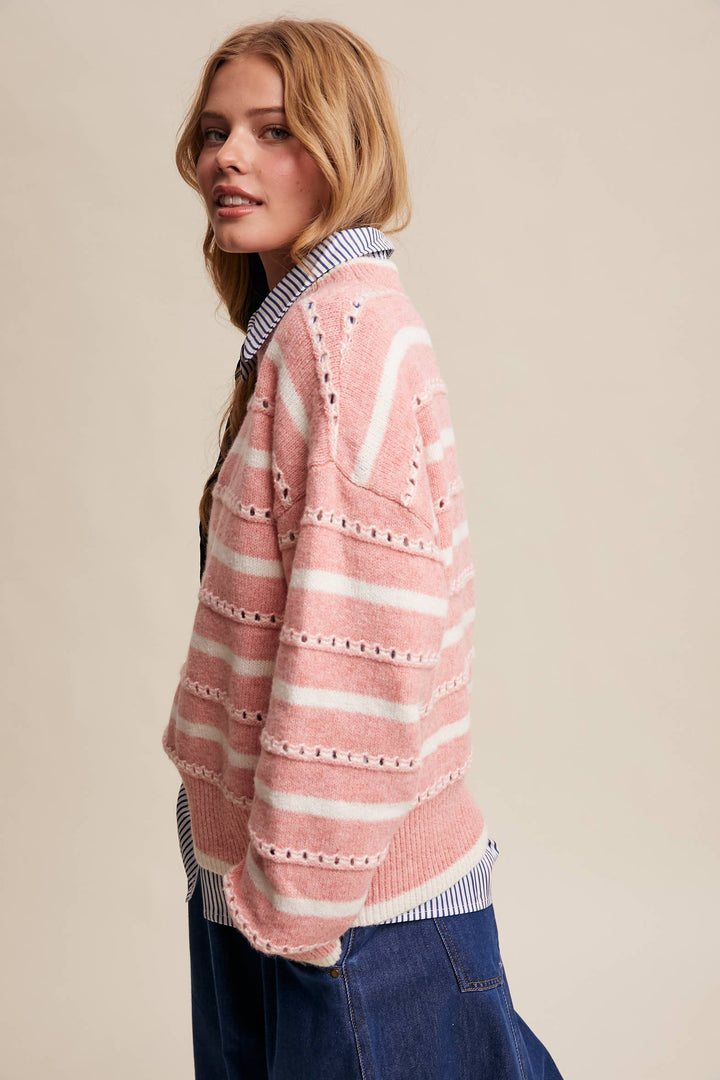Striped Open-Stitch Pullover Sweater in Light Coral