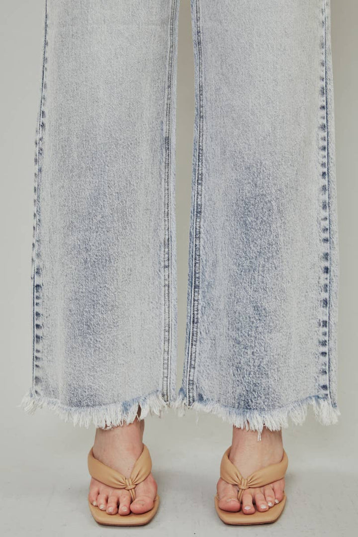 KanCan High Rise Wide Leg Frayed Hem Jeans - Light Wash