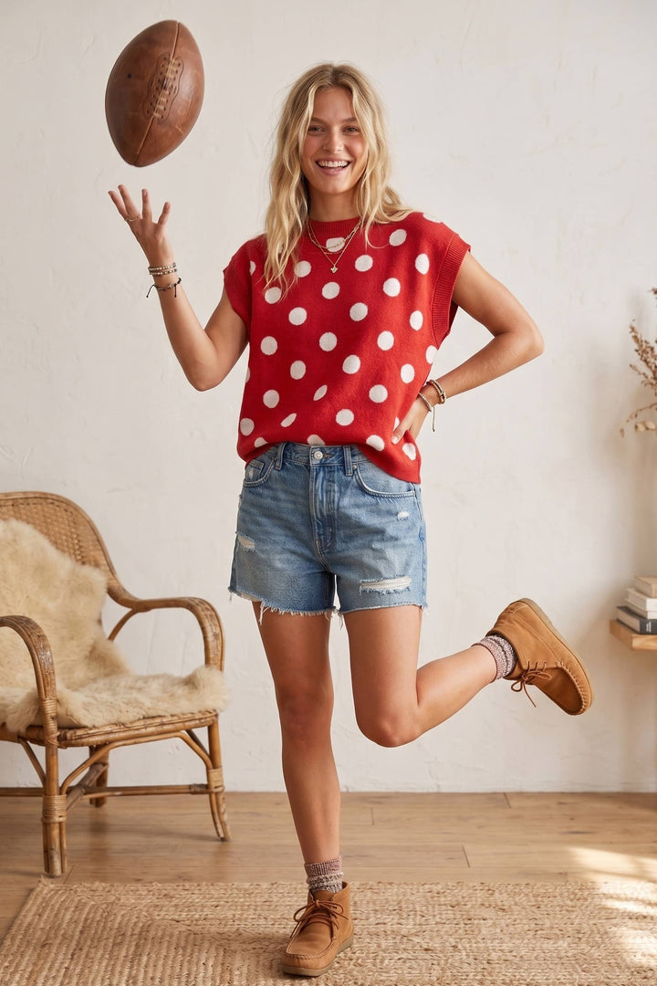 Gameday Polka Dot Sleeveless Knit Top - Red/White