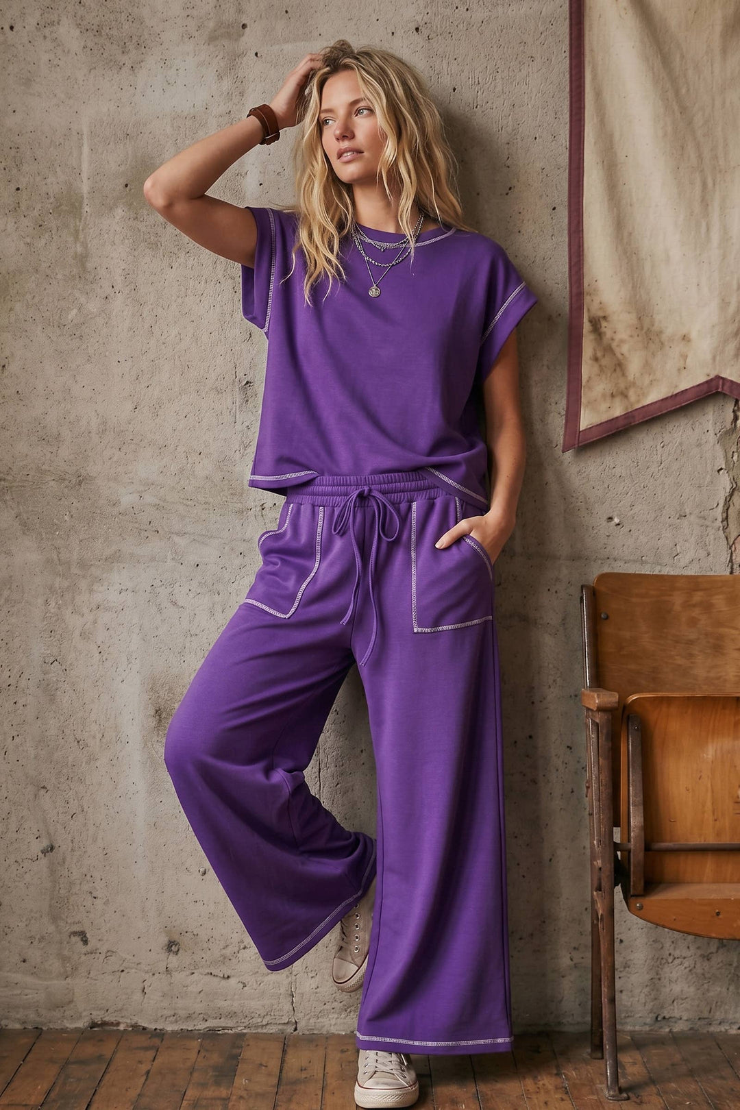 Scuba Contrast Stitch Lounge Set - Black