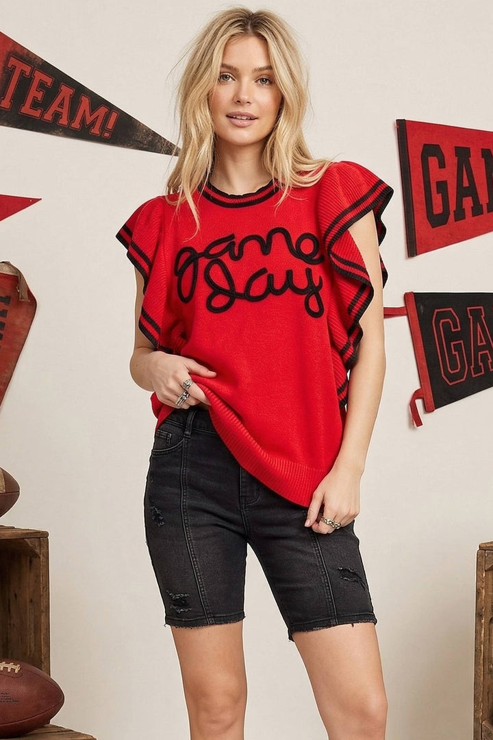 Ruffle Sleeve Varsity Gameday Knit Top -  Red/Black