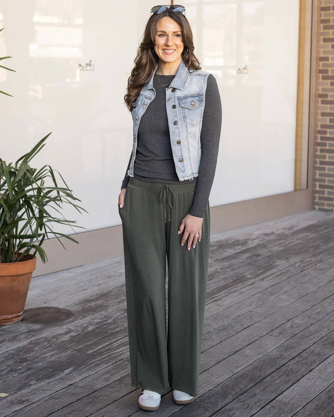 Smocked Wide Leg Lounge Pants in Olive