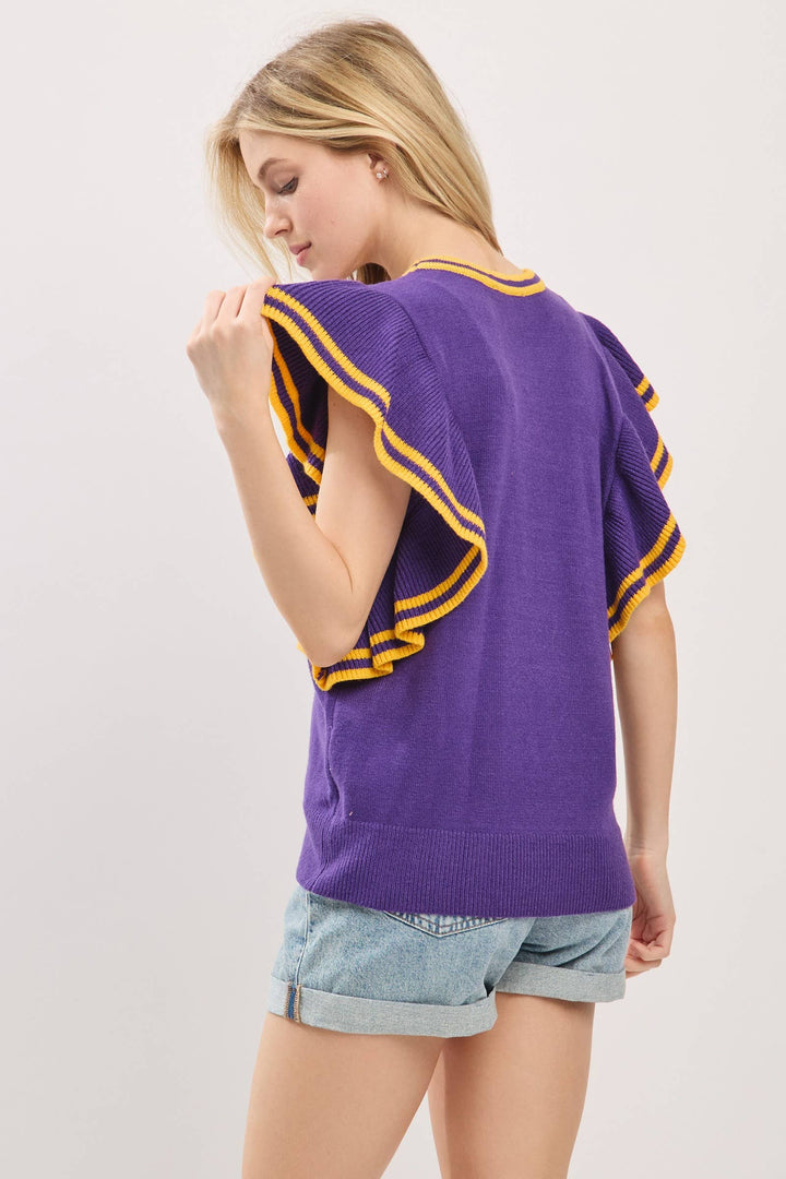 Ruffle Sleeve Varsity Gameday Knit Top -  Red/Black