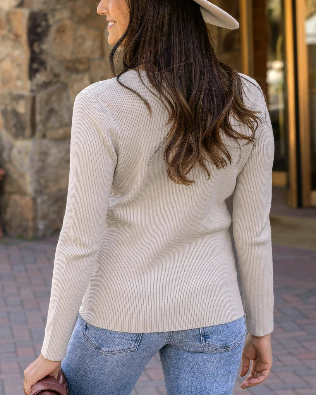 Grace and Lace Ribbed Henley Sweater in Oatmeal