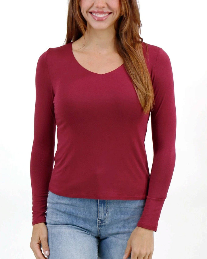 Modal V-Neck Long Sleeve Tee in Red