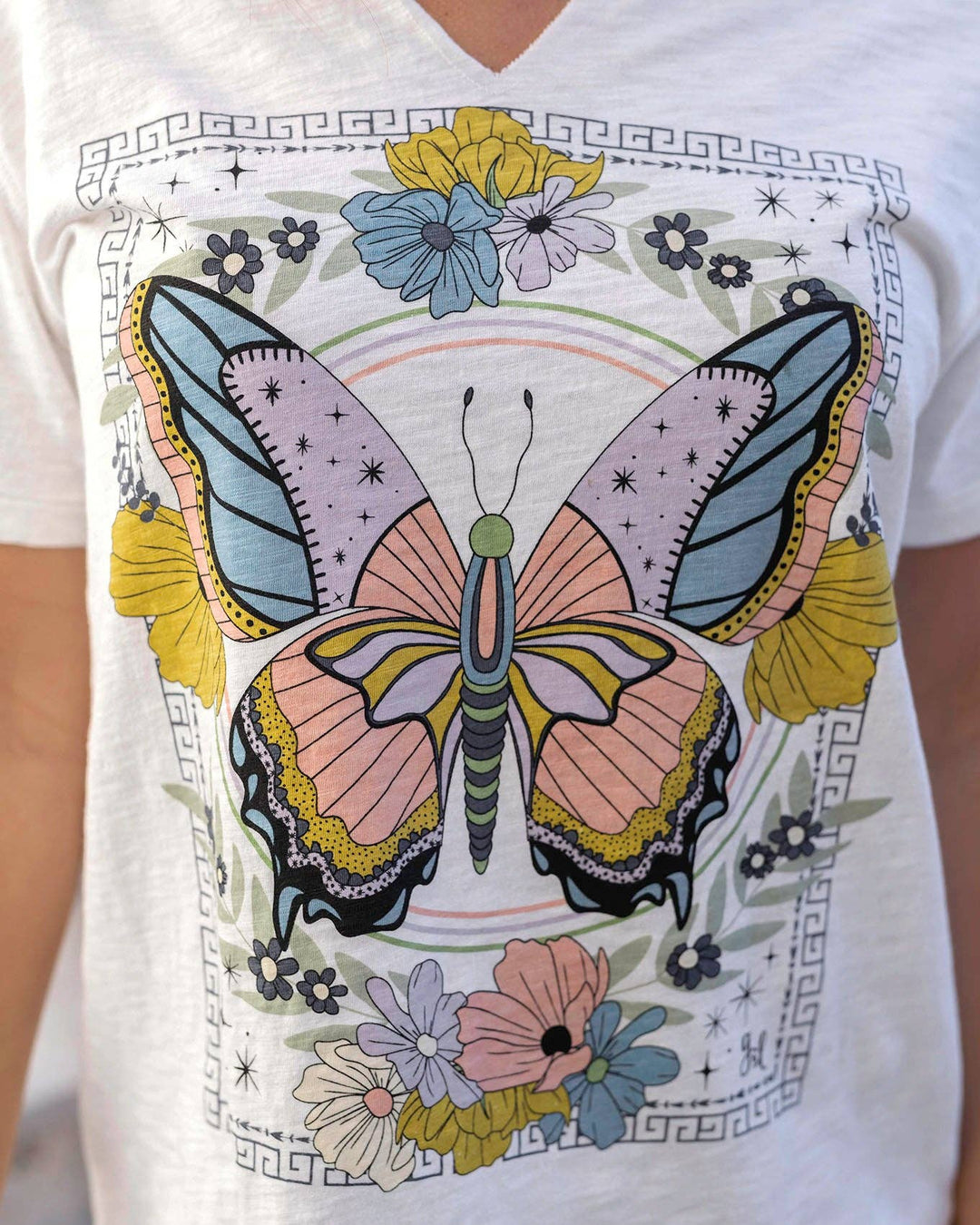 Notched Neck Washed & Worn Graphic Tee - Butterfly