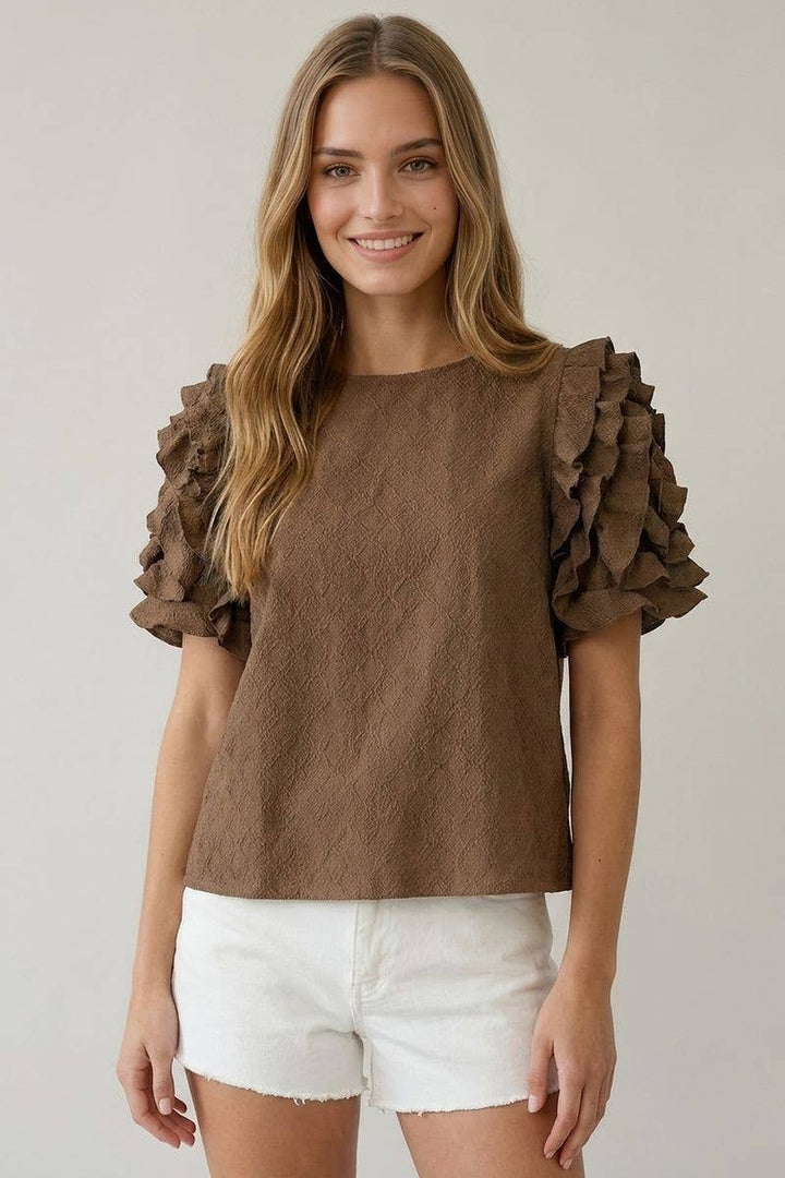 Ruffle Me Sleeve Top - Coffee