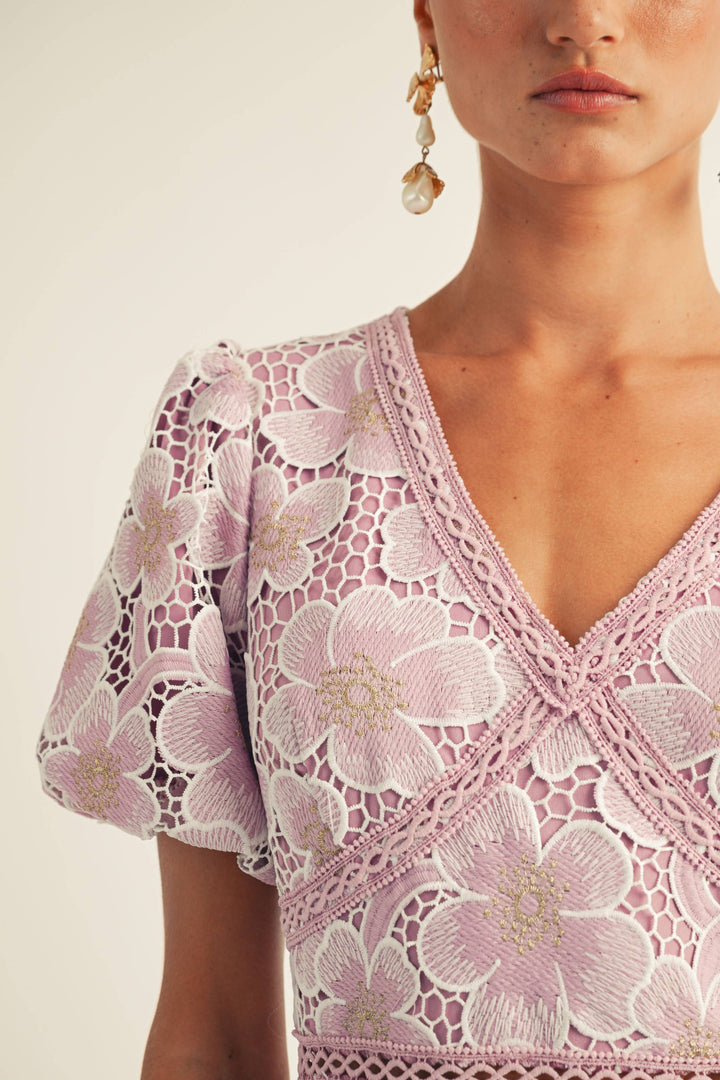 Sarah - Puff Slv Vneck Floral Lace Edged Hem Mini Dress