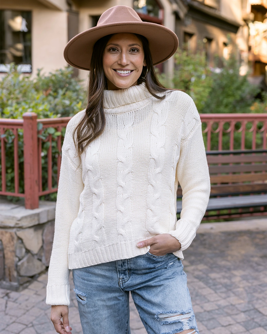 High Neck Cable Knit Sweater in Ivory