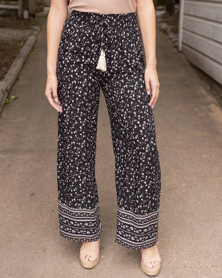 Grace and Lace Floral Print Wide Leg Pants in Black