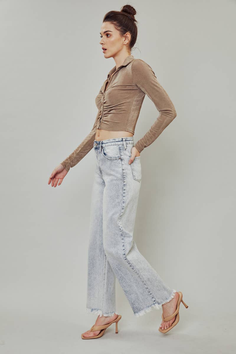 KanCan High Rise Wide Leg Frayed Hem Jeans - Light Wash