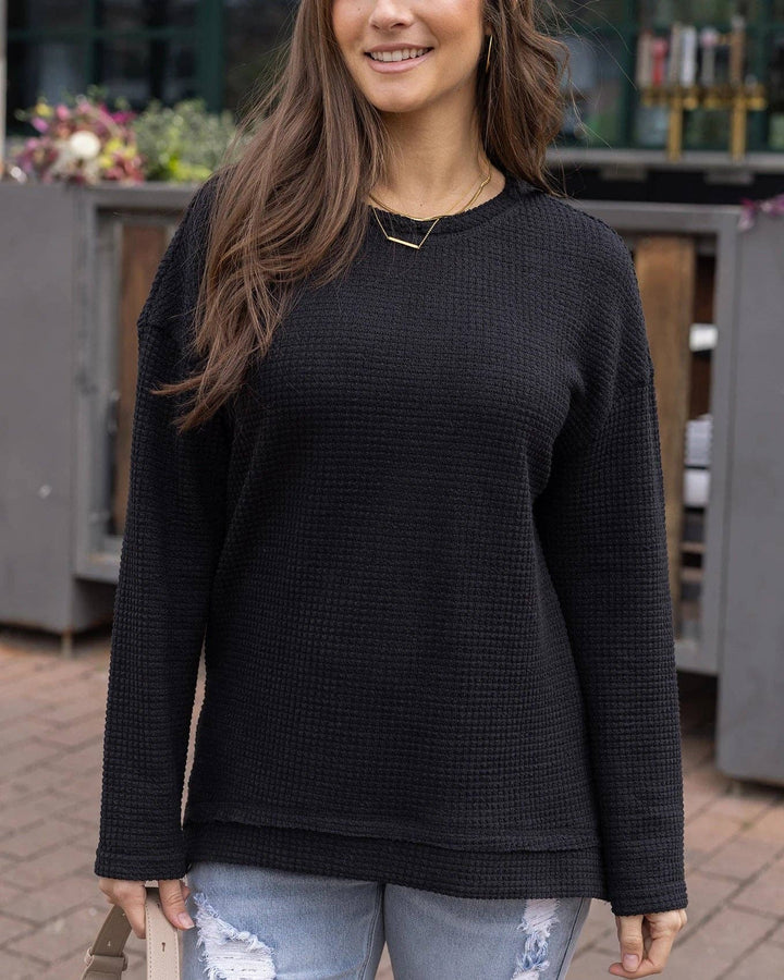 Slouchy Waffle Pullover in Black