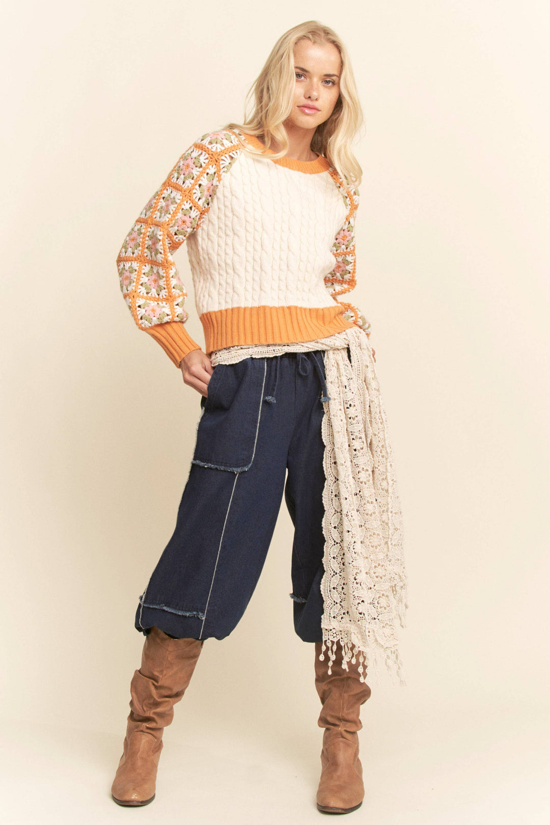 Boho Bloom Crochet Sleeve Cable Knit Sweater - Orange/Cream