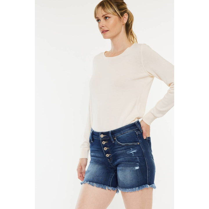 KANCAN MID RISE BUTTON UP DENIM SHORTS - Dark Wash