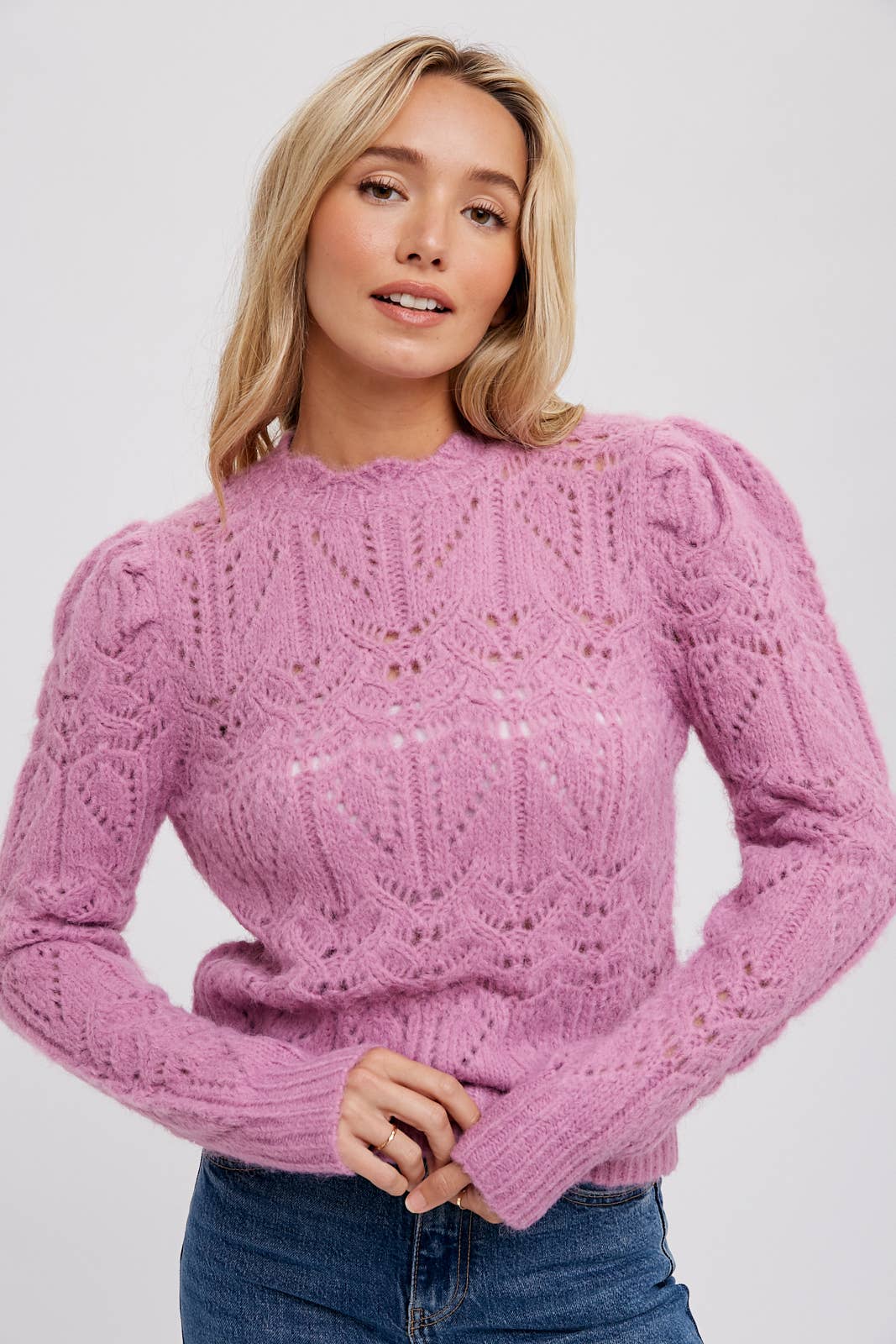 PUFF SLEEVE POINTELLE PULLOVER - Rose