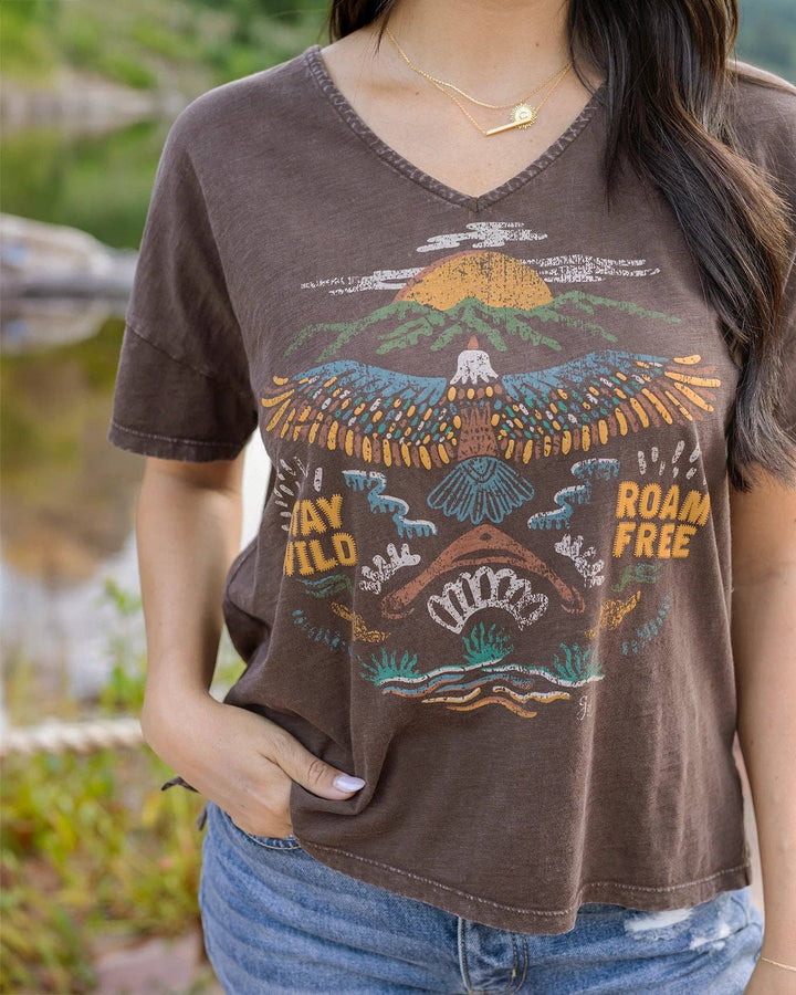 Relaxed Fit V-Neck Graphic Tee - Roam Free