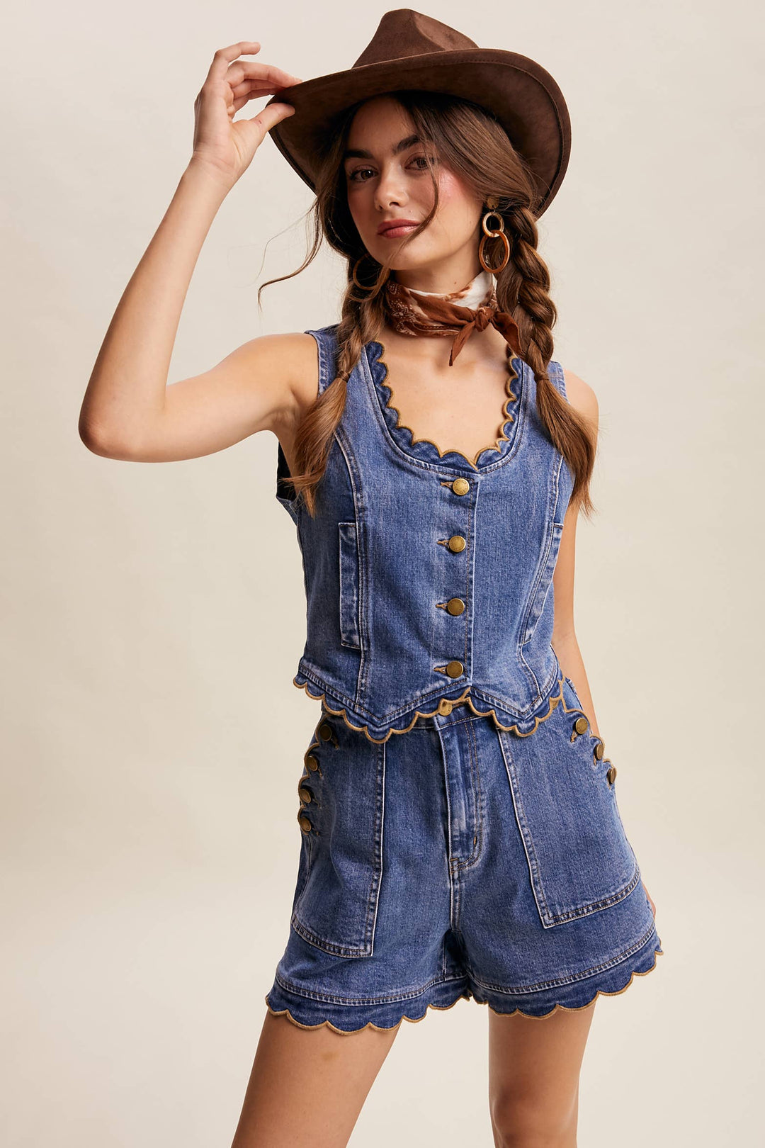 Scallop Trim Stretch Denim Vest