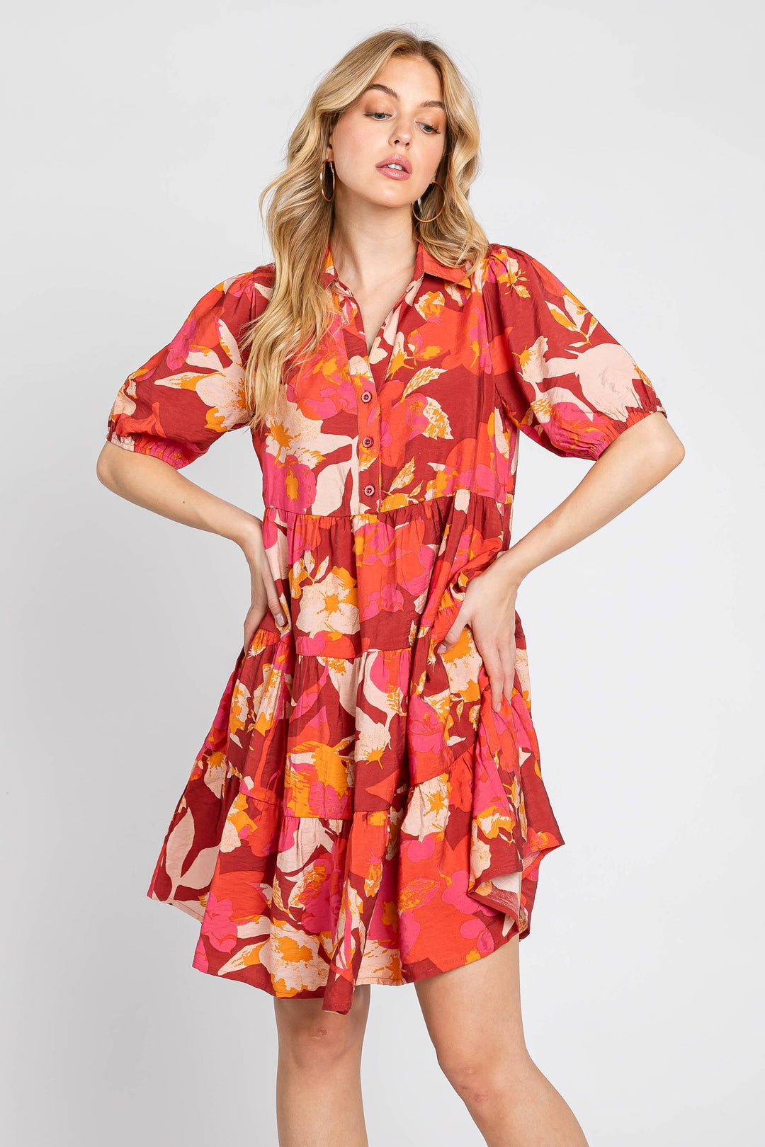 Vibrant Printed Puff Sleeve Tiered Dress