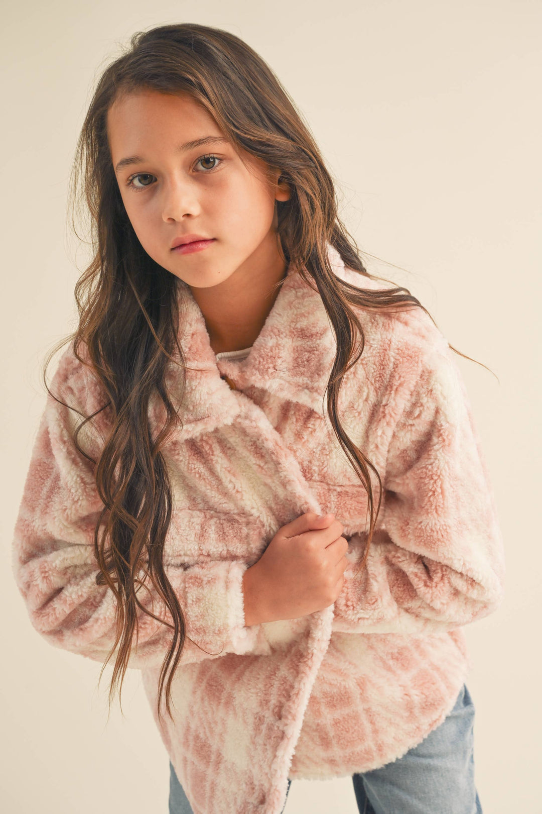 GIRLS DOUBLE POCKET PLAID SHACKET-BLUSH