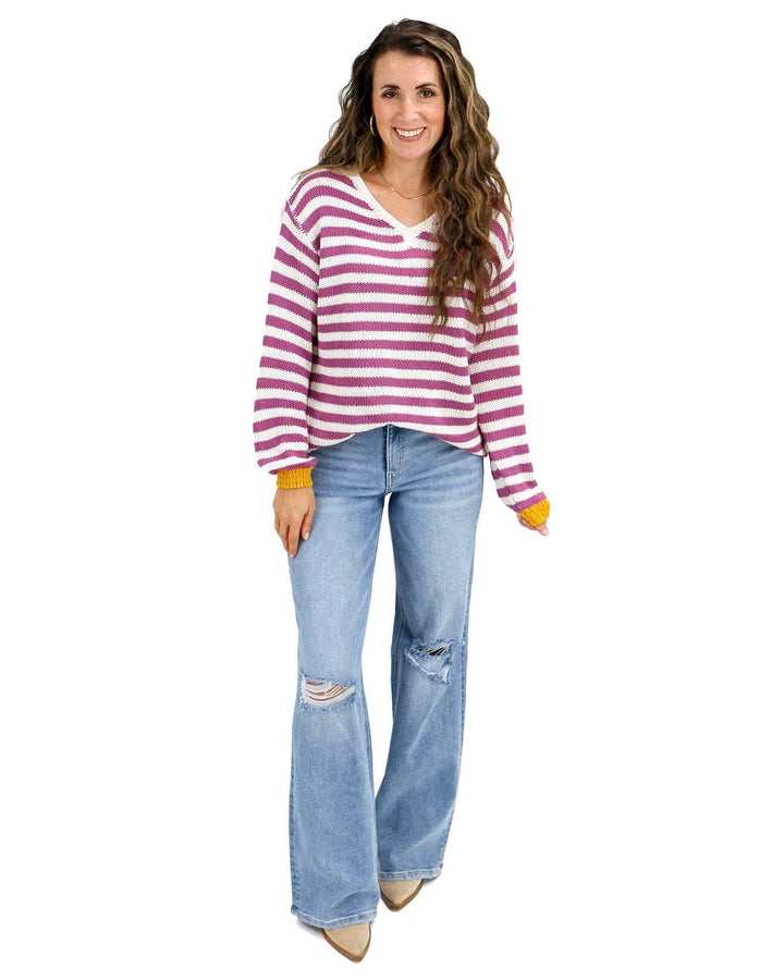 Striped V-Neck Sweater in Berry Stripe