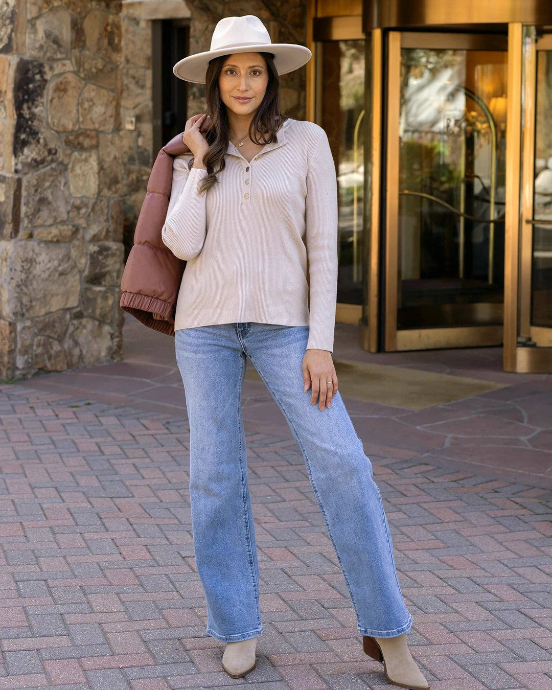 Grace and Lace Ribbed Henley Sweater in Oatmeal