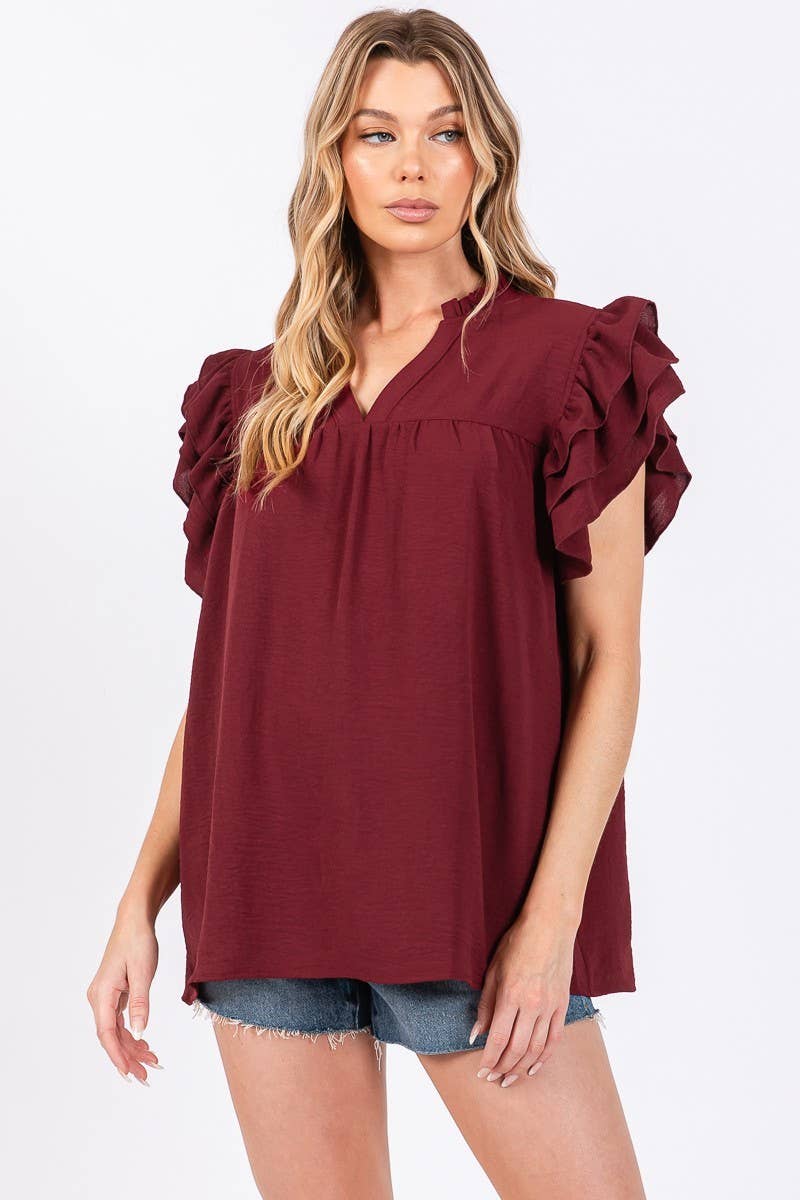 AIRFLOW OVERSIZED RUFFLE SLEEVE BLOUSE - BURGUNDY
