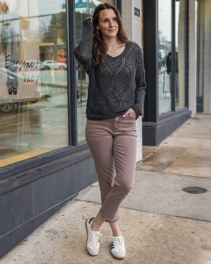 Grace and Lace V-Neck Pointelle Sweater in Charcoal