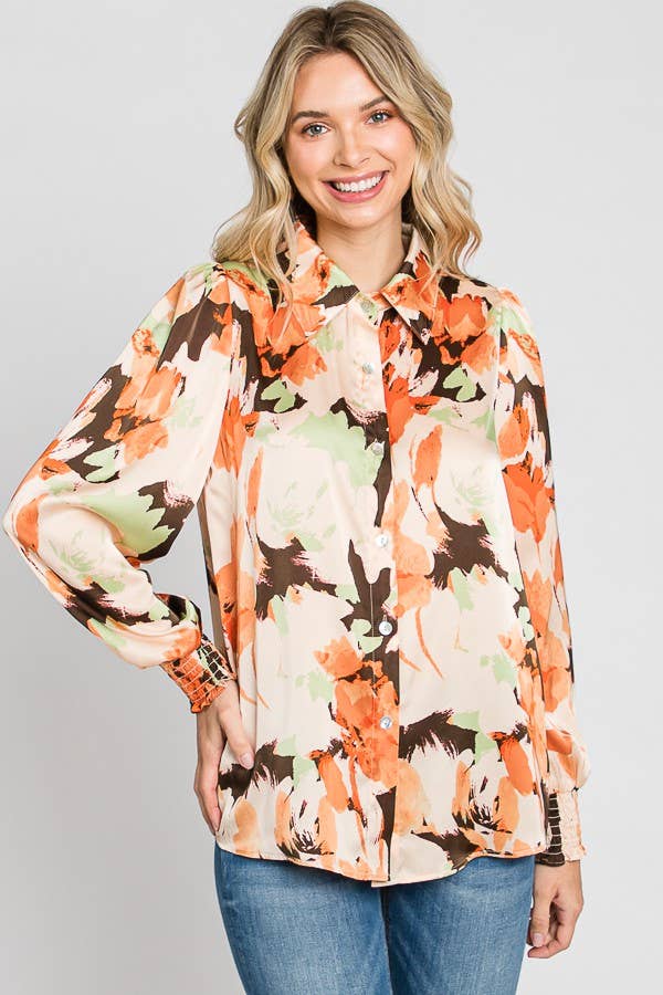 Printed Satin Shirt - Orange Floral