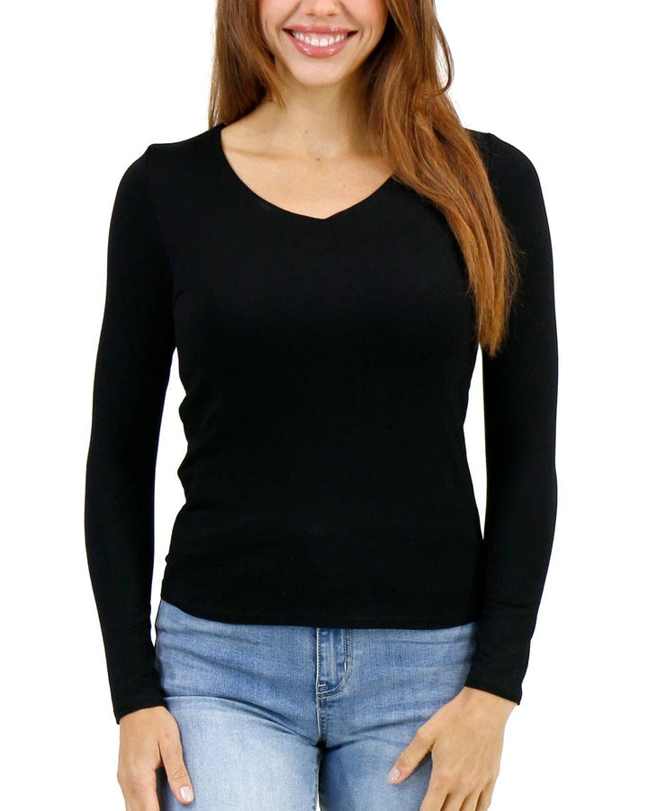 Modal V-Neck Long Sleeve Tee in Black