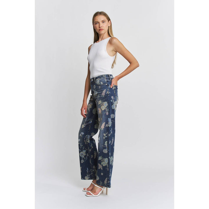 Mica Denim Brand Floral Print Wide Leg High Waist Denim Jeans