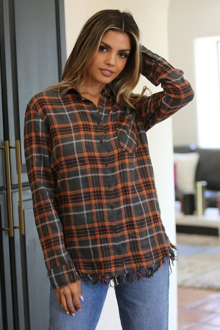 Plaid Button-up Shirt w/ Frayed Hem - Gry/Orange