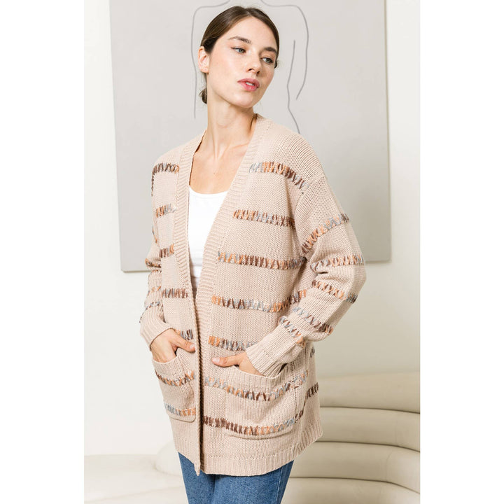 Stitch Striped Cardigan in Taupe