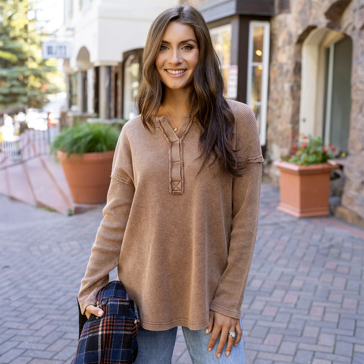 Mineral Washed Waffle Henley in Copper