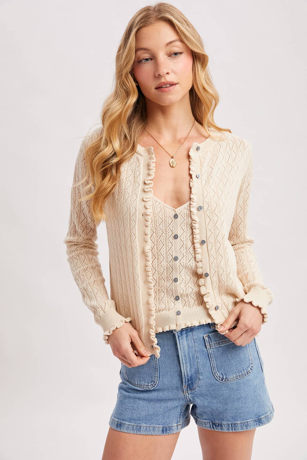 Pointelle Knit Button Cami - Natural