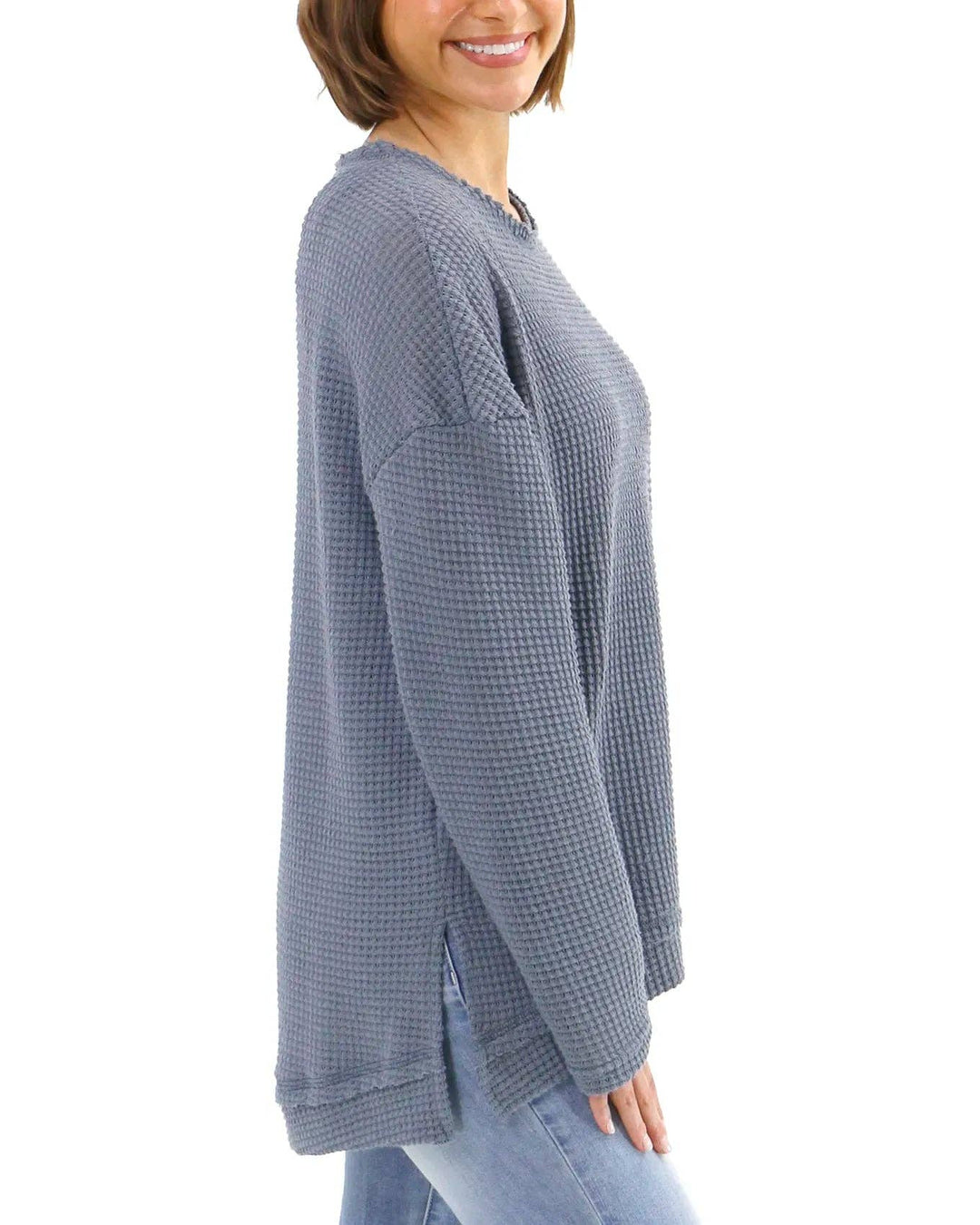 Slouchy Waffle Pullover in Grey