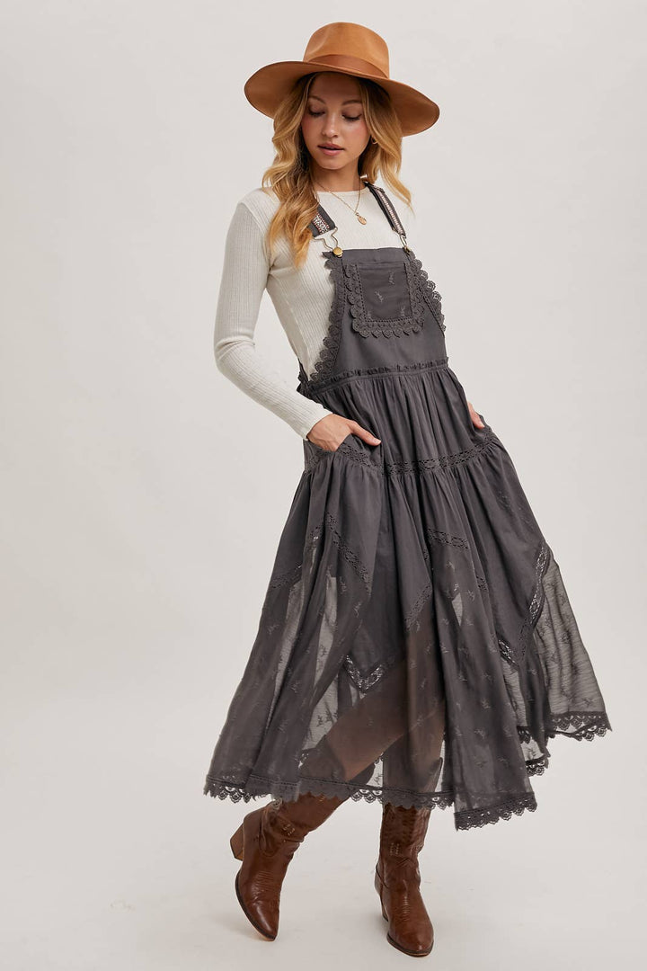 LACE EMBROIDERED TULLE BIB MAXI DRESS