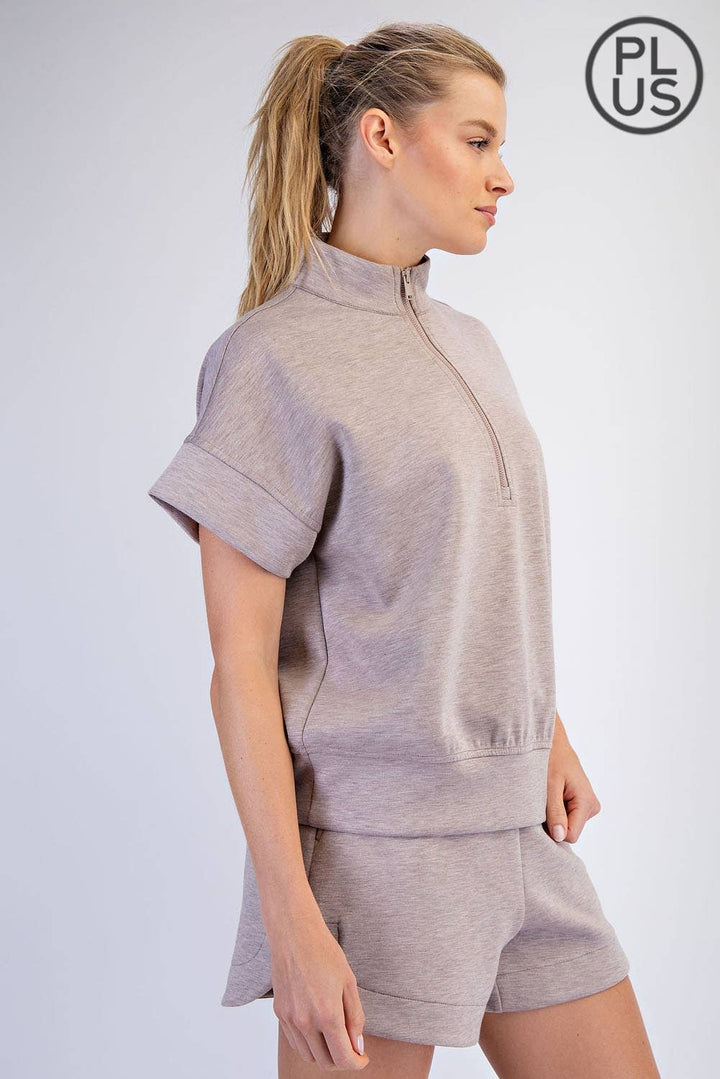 RAE MODE PLUS SIZE MODAL SCUBA QUARTER ZIP SHORT SLEEVE TOP