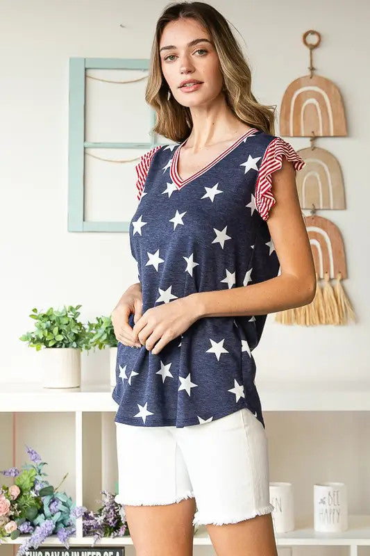 Butterfly Sleeve Flag Theme Top With Round Hem