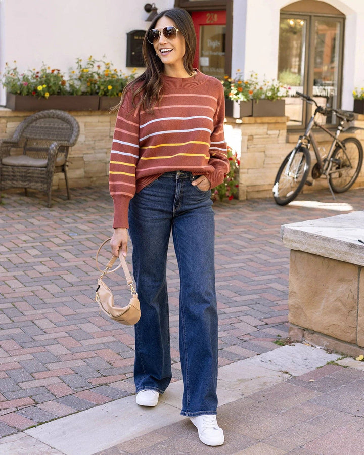 Crew Neck Striped Sweater in Terracotta Stripe